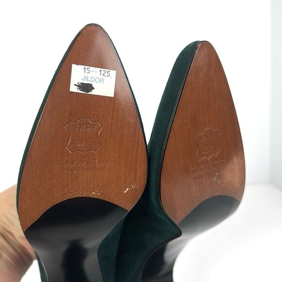 New Stuart Weitzman Green Suede Heels Pumps Gold Tone Leather Lining US 8 B - Picture 9 of 12